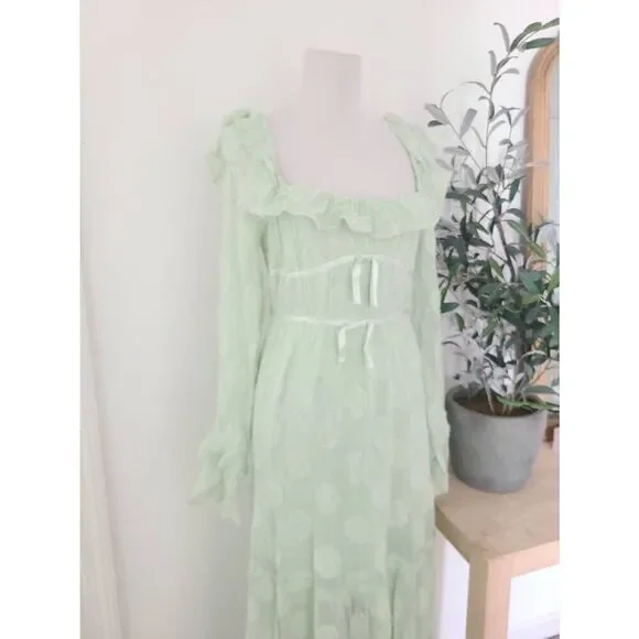 Free People Yara Maxi Dress Women's Size Small Mint Green Puff Sleeve Tiered - Picture 6 of 9